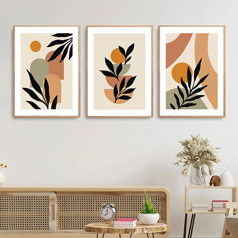 Bohemian Abstract Wall Art Beige Green Terracotta Nordic Modern Canvas Painting Leaves Colour Block Poster Bedroom Decor