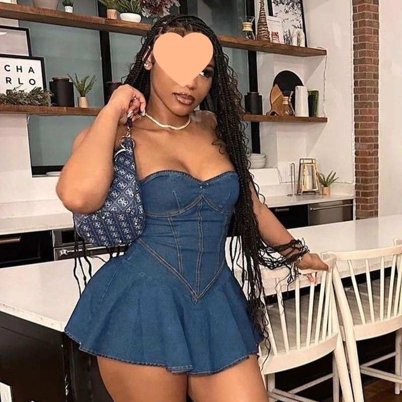 

New Style Elegant Hip-Wrapped A-Line Skirt, Fashionable & Sexy Strapless Denim-Look Dress