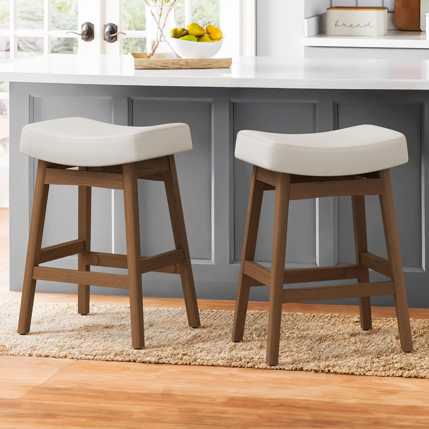 

Bar Stools Set of 2, Barstools with Sturdy Wood Legs, Saddle Seat Counter Height Bar Stools for Kitchen Counter, Bar, D
