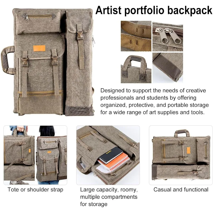 Mochila grande con portafolio de arte en lienzo de 26 x 19,5 para artistas, solución de almacenamiento duradera para cuadernos de bocetos, pinturas y dibujar S