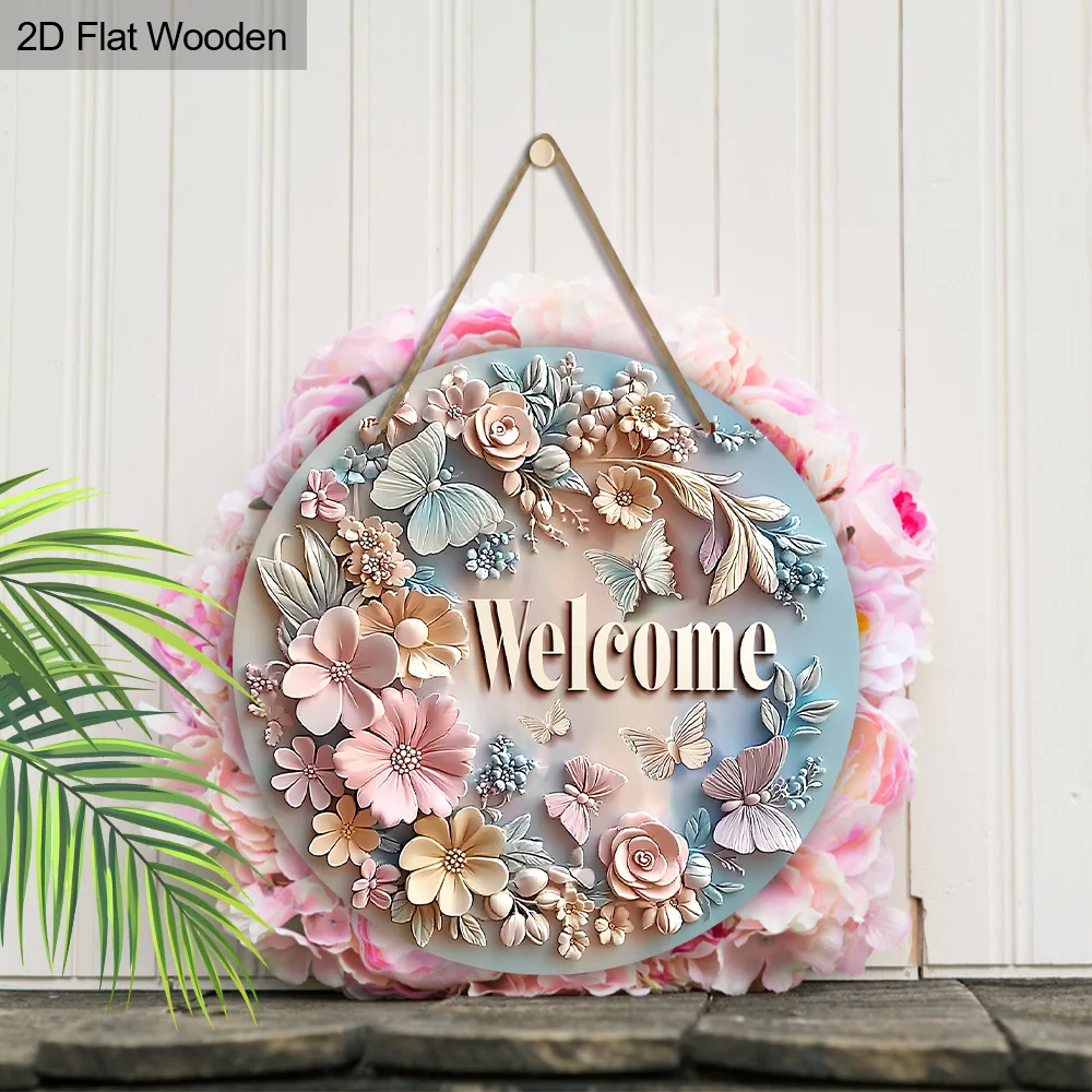 2D Flat 1pc Spring Pink Yellow Flower Gradient Butterfly Welcome for Lover Gift Wood Porch Wreath Hanging Print Housewarming Ent