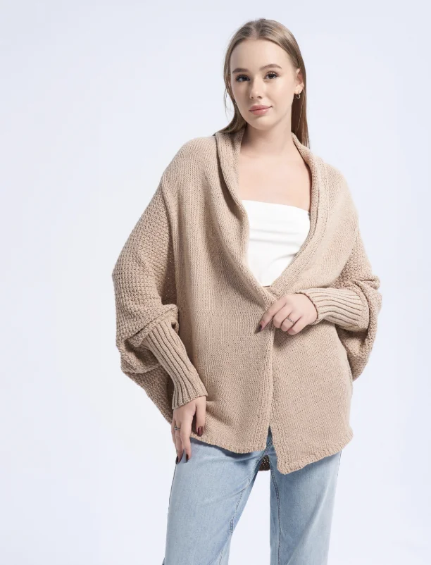 

Вязаный кардиган с воротником-стойкой — свободный свитер с рукавами «летучая мышь» и открытой передней частью для повседневного шика