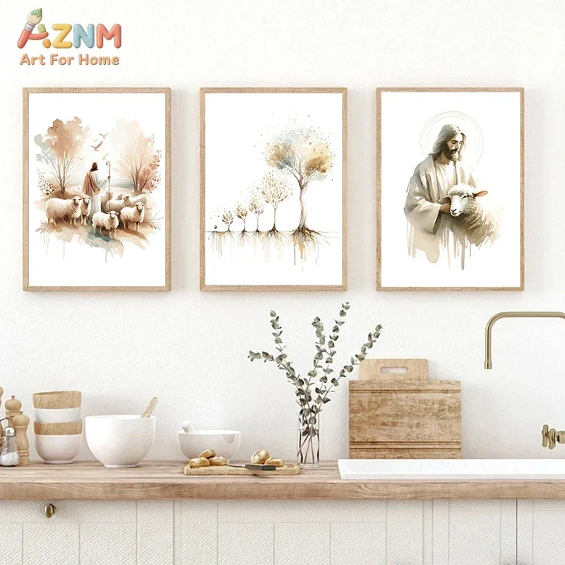 AZNM Watercolor Jesus Good Shepherd Lamb Canvas Wall Art, Neutral Religious Bible Scene Unframed Print For Christian Home Living