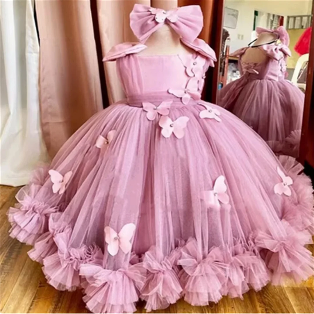 Cute Flower Girl Dresses For Wedding Puffy Tulle 3D Butterflies Princess Birthday Party Ball Gowns First Communion Dress