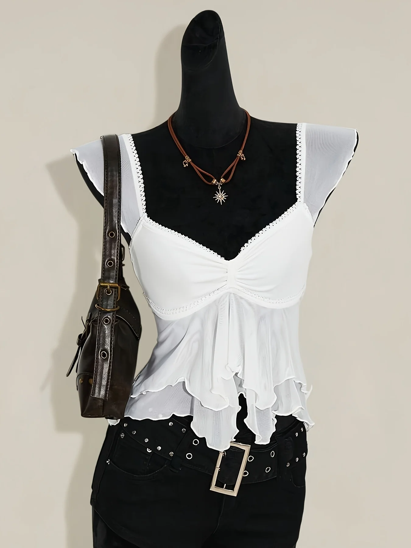 Spring and Summer Flutter Sleeve French Girl Sexy Low-Cut Irregular Hem Versatile Slimming Lace Mesh Patch Top