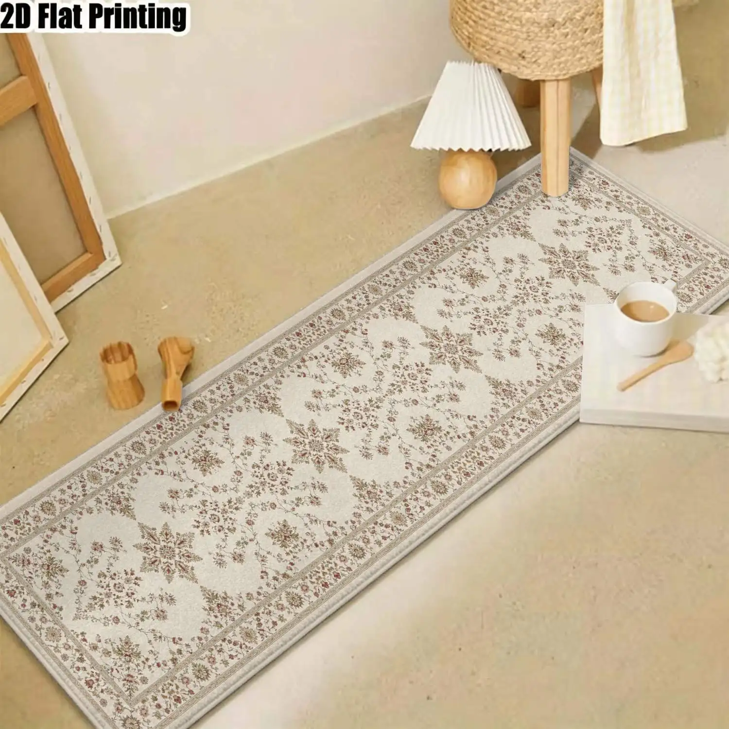 1Pc 2D Printed Strip Runway Carpet, Beige Floral Pattern European-Style, Vintage, Geometric & Simple Strip Carpets, Home Decor, Multi-Size, Machine Washable. Perfect for Entryway, Hallway, Living Room, Bedroom.