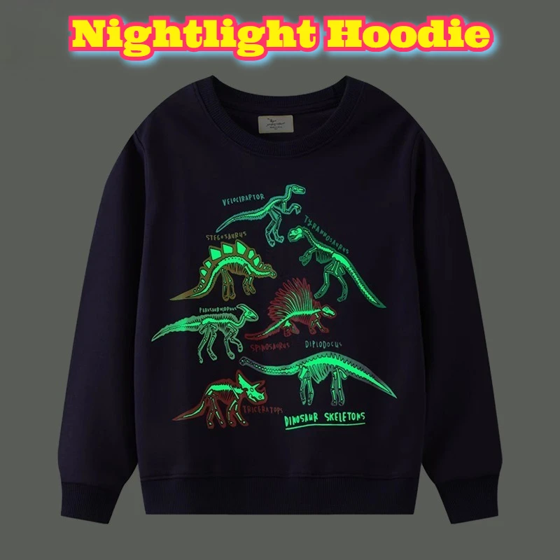 ‌ Glow The Dark Dinosaur Pullover Felpa con cappuccio Junior Boys Autunno Autunno Abbigliamento casual Manica lunga Girocollo Top Notte all'aperto