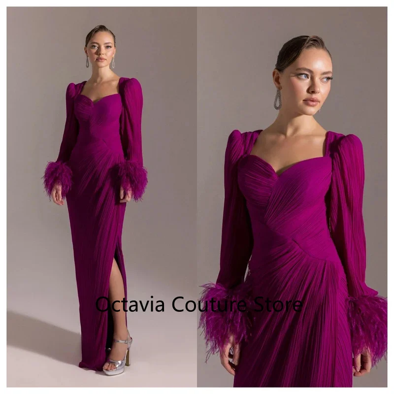 

Индивидуальное изящное фиолетовое шифоновое вечернее платье по индивидуальному заказу, платье для выпускного вечера с длинными рукавами и нежными перьями, Vestido D