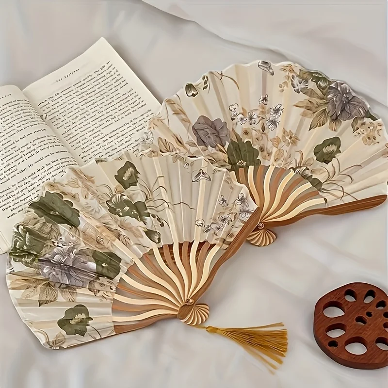 Vintage Chinese Ink Wash Folding Fan - Floral Tassel Dance Accessory with Silk & Bamboo Frame, Portable Handcrafted Women Gift