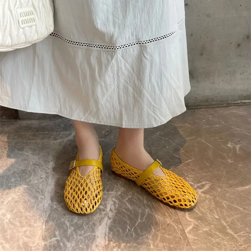 

Yellow Flat Shoes Summer Hollow Out Low Heels Summer Mary Jane Shoes Black Weave Ballet Flats Plus Size 43 Trends 2025