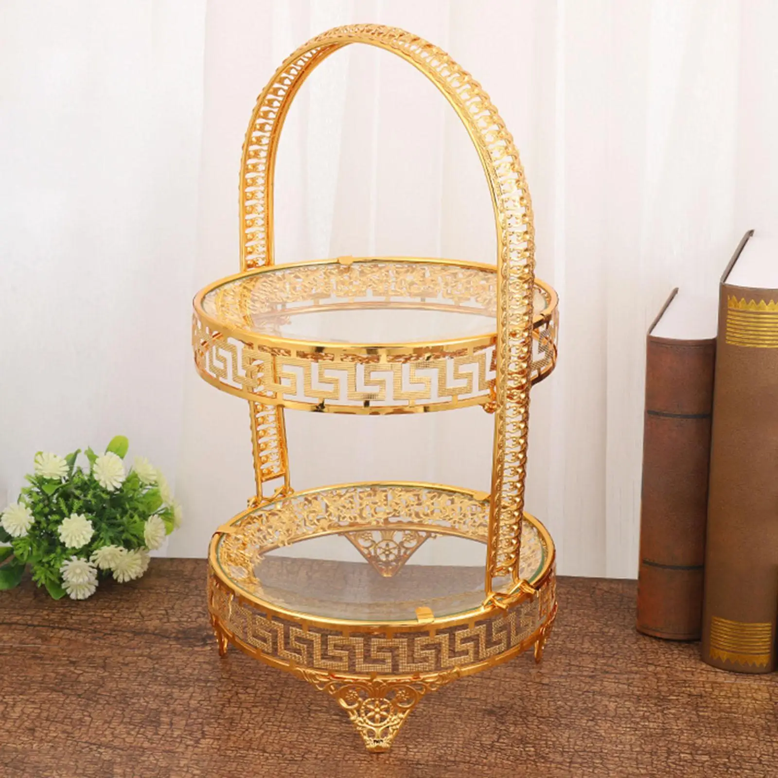 Gold 2-tier Fruit Serving Tray Cupcake Holder Portable Gold Afternoon Tea Stands for Birthday Party Restaurant Hotel Home Use