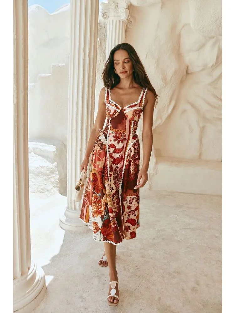 2026 Summer Fashion New Women's Elegant Design Dress with Strap Printing Party Splicing Sexy A-line Long Dress