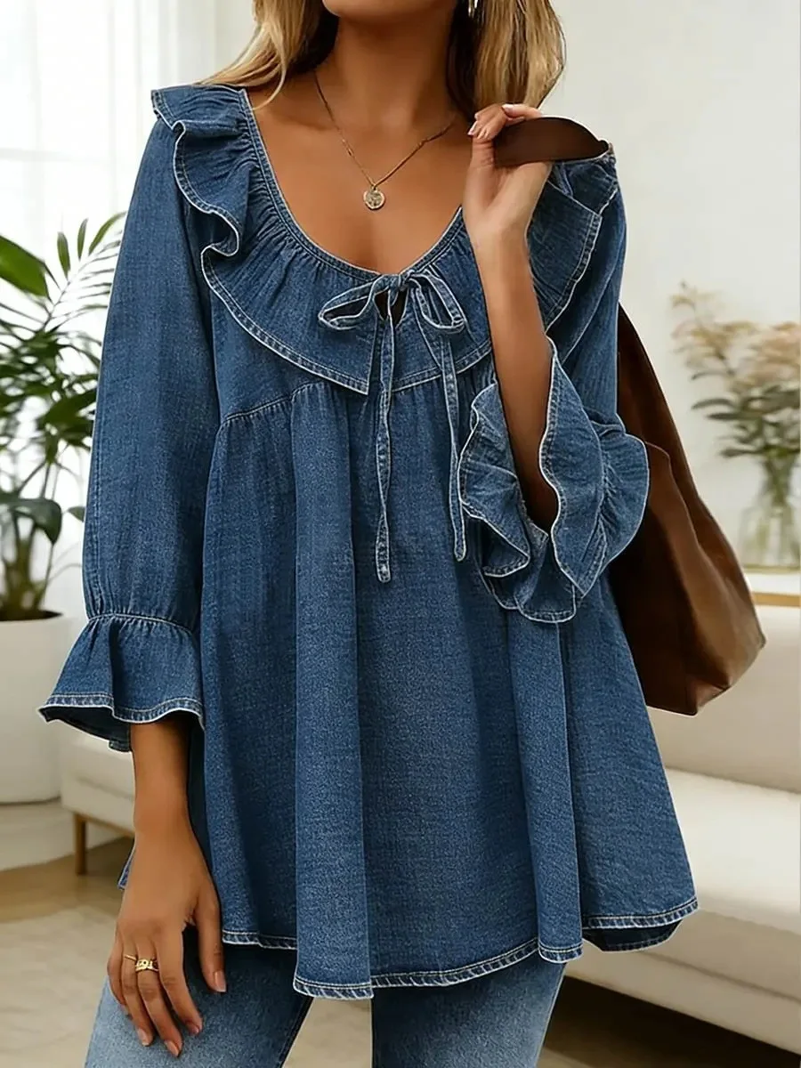 Onecozyday Women Ruffle Trim Tie Front Babydoll Loose T-shirt Scoop Neck 3/4 Flare Sleeve Casual Jean Top Stylish Daily Blouse