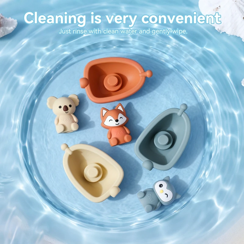 BPA-Free Kids Bathroom Stackable Floating Boat Bath Toy Teething Toy Suitable for Infants and Toddlers Animal Finger Puppet Toy