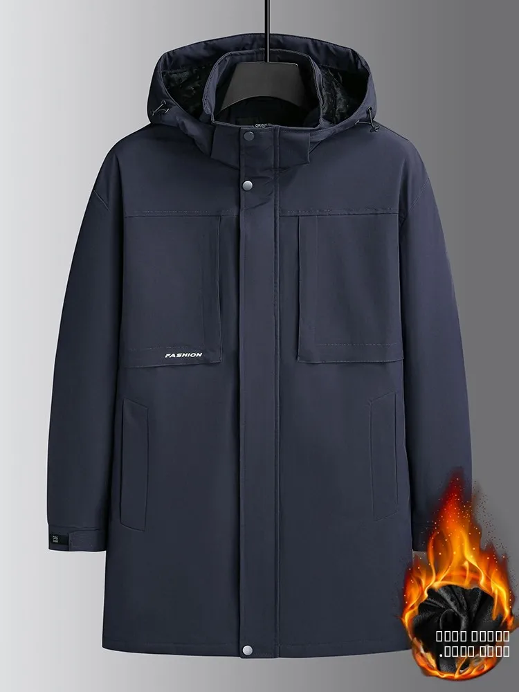 

Мужская утепленная куртка больших размеров с капюшоном, на флисовой подкладке, средней длины, теплая верхняя одежда для осени и зимы, повседневная, деловая, из полиэстера