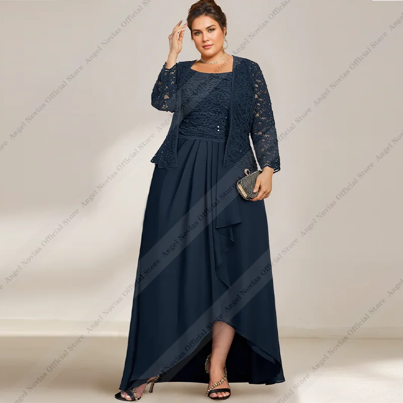 Customized Plus Size Navy Blue Mother of the Bride Dresses with Lace Jacket Wedding Party Dress vestidos invitada de boda