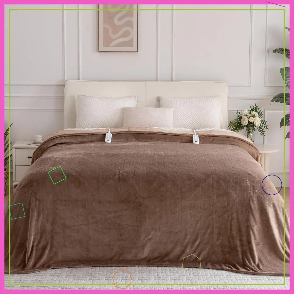 

Электрическое одеяло размера Queen, ультрамягкий фланель, двойное управление нагревом, автоматическое отключение через 10 часов, 8 уровней нагрева, можно стирать, коричневое