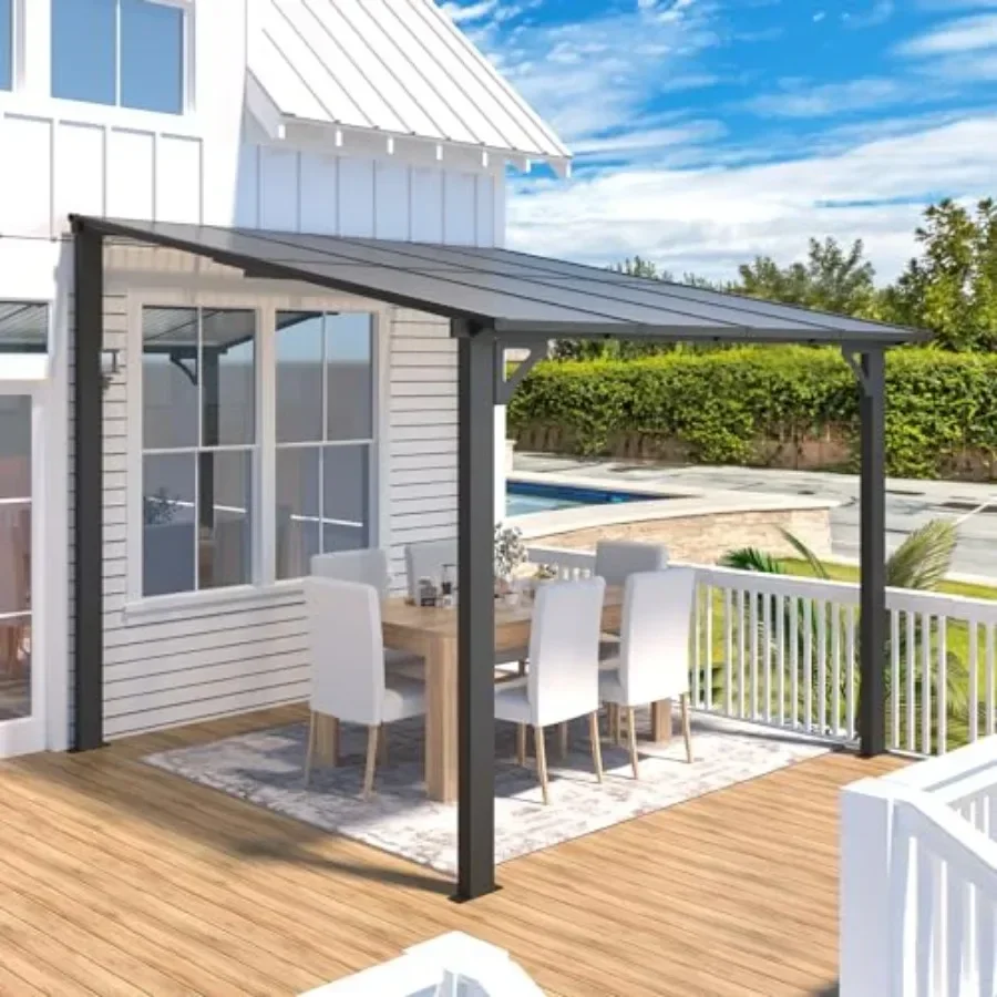 8' x 8' Patio Gazebo with Hard Top Heavy Duty Awnings for Decks Backyard and More in Brown 64 Sq.Ft Shaded Small Wall-Mounted L view 4