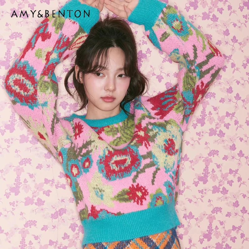 

Original Retro Design Pink Green Floral Pattern Women's Pullover 2026 Spring Elegant Versatile Knitted Round Neck Sweater Ladies