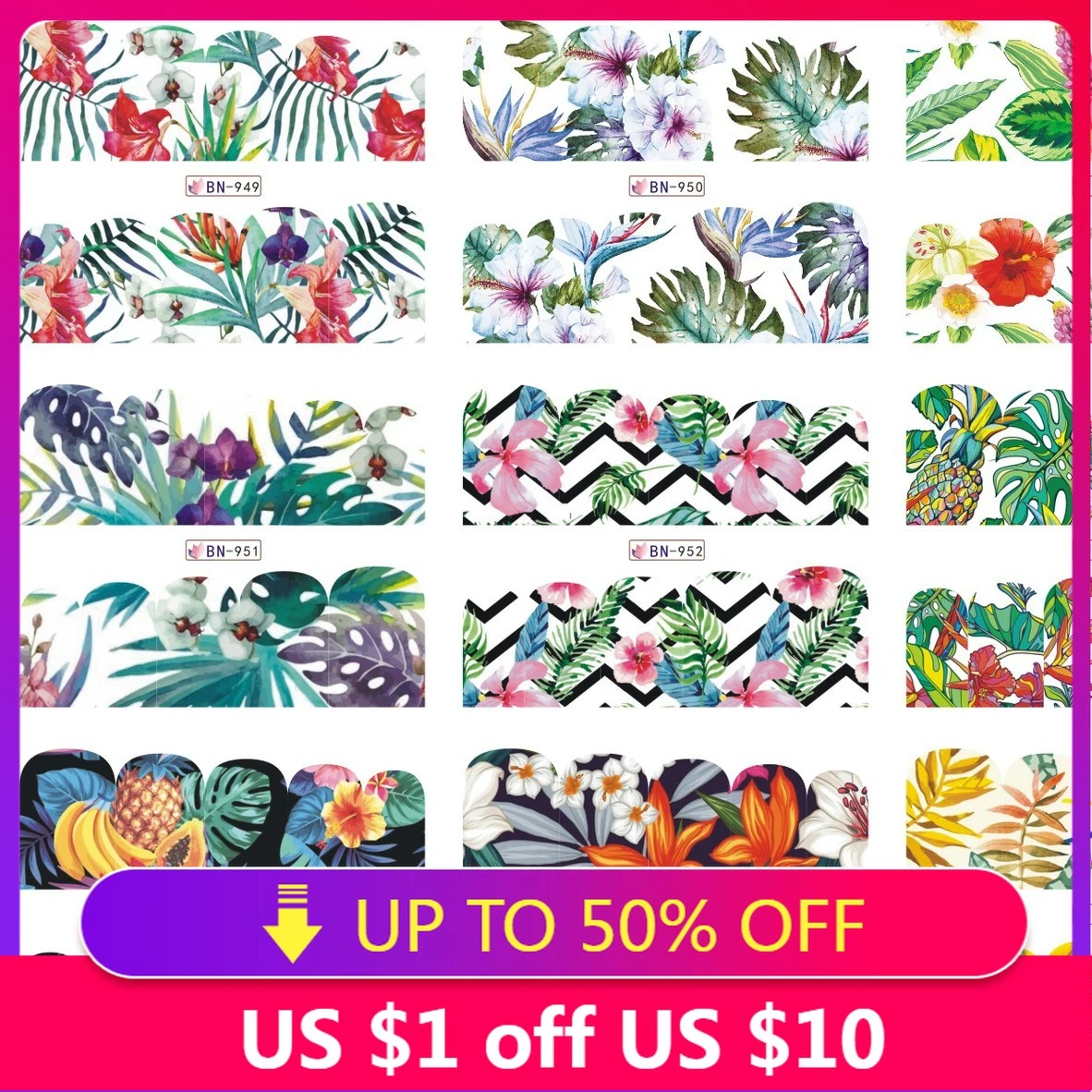 12 Pcs/set Water Transfer Nail Stickers Butterfly Flowers Totems Sliders Manicure Flamingo Monstera Nail Art Watermark Decals