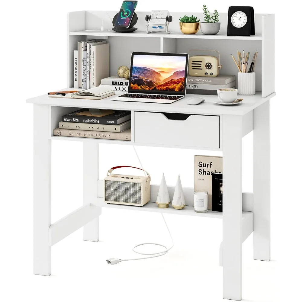 

White office desk with handles and drawers, modern computer desk with charging station USB and C-port