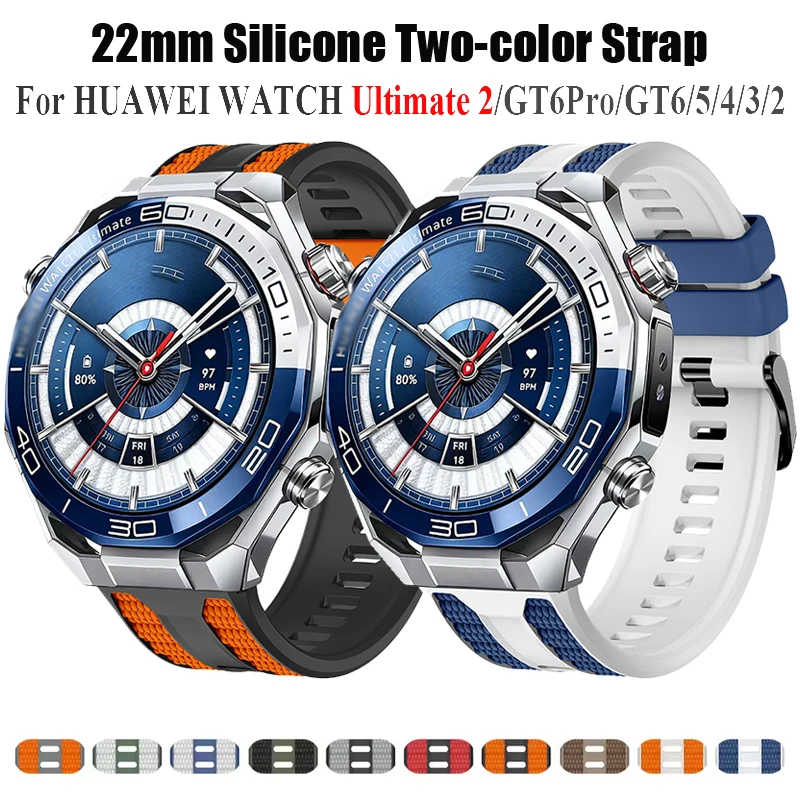Pulseira de Silicone Oficial 1:1 para Huawei Watch Ultimate 2, GT6 Pro, GT5, GT4, GT3, GT2 46mm, Bracelete Bicolor 22mm
