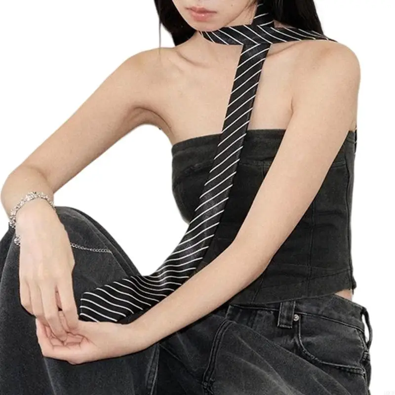 2000s Narrow Necktie Striped Design Nylon Blend Fabric Scarf Tie Multiple Styling Belt for Waist and Bag Neck Decoration 