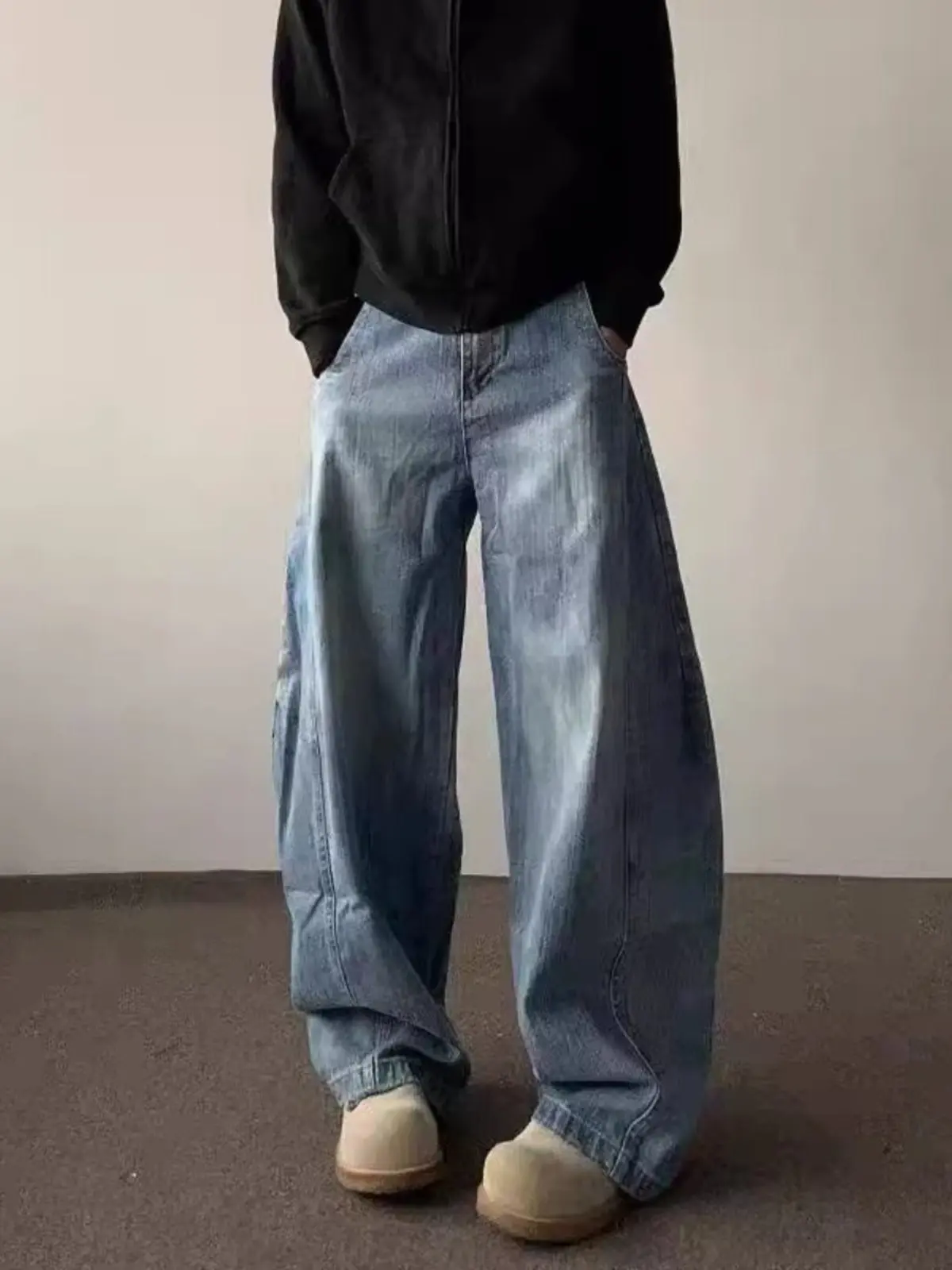 American Street Style Wide Leg Knife  Denim Jeans Men's Casual Washed Loose Comfortable Long Trousers Retro Pattern