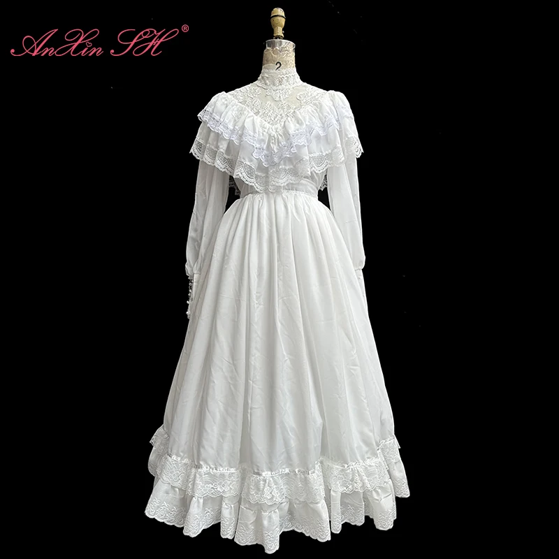 AnXin SH vintage princesa gasa blanca volantes flor encaje ilusión cuello redondo manga larga cremallera novia vestido de noche personalizado