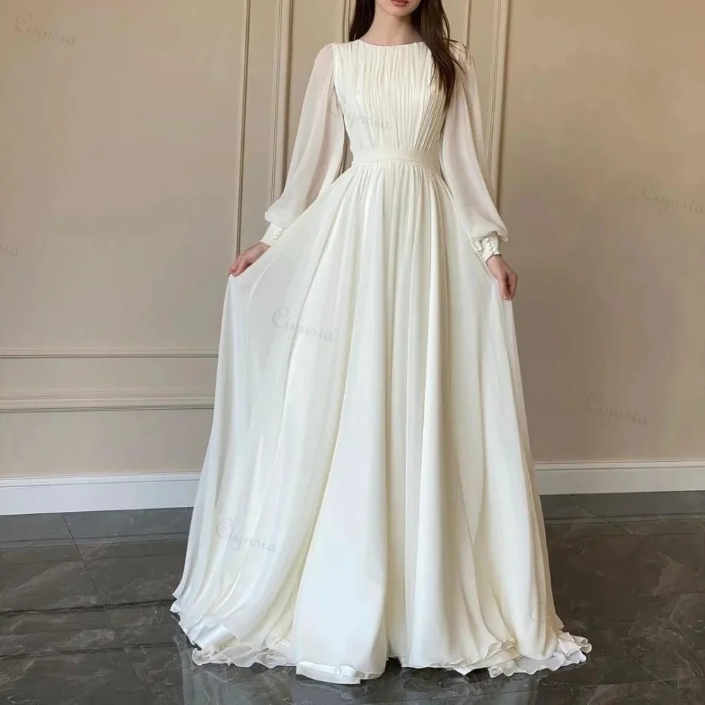 Ciynsia Beige Wedding Dresses Customized Elegant White Gauze Pleated Puff Sleeves A-Line Bridal Gowns Chiffon Robe De Mariée