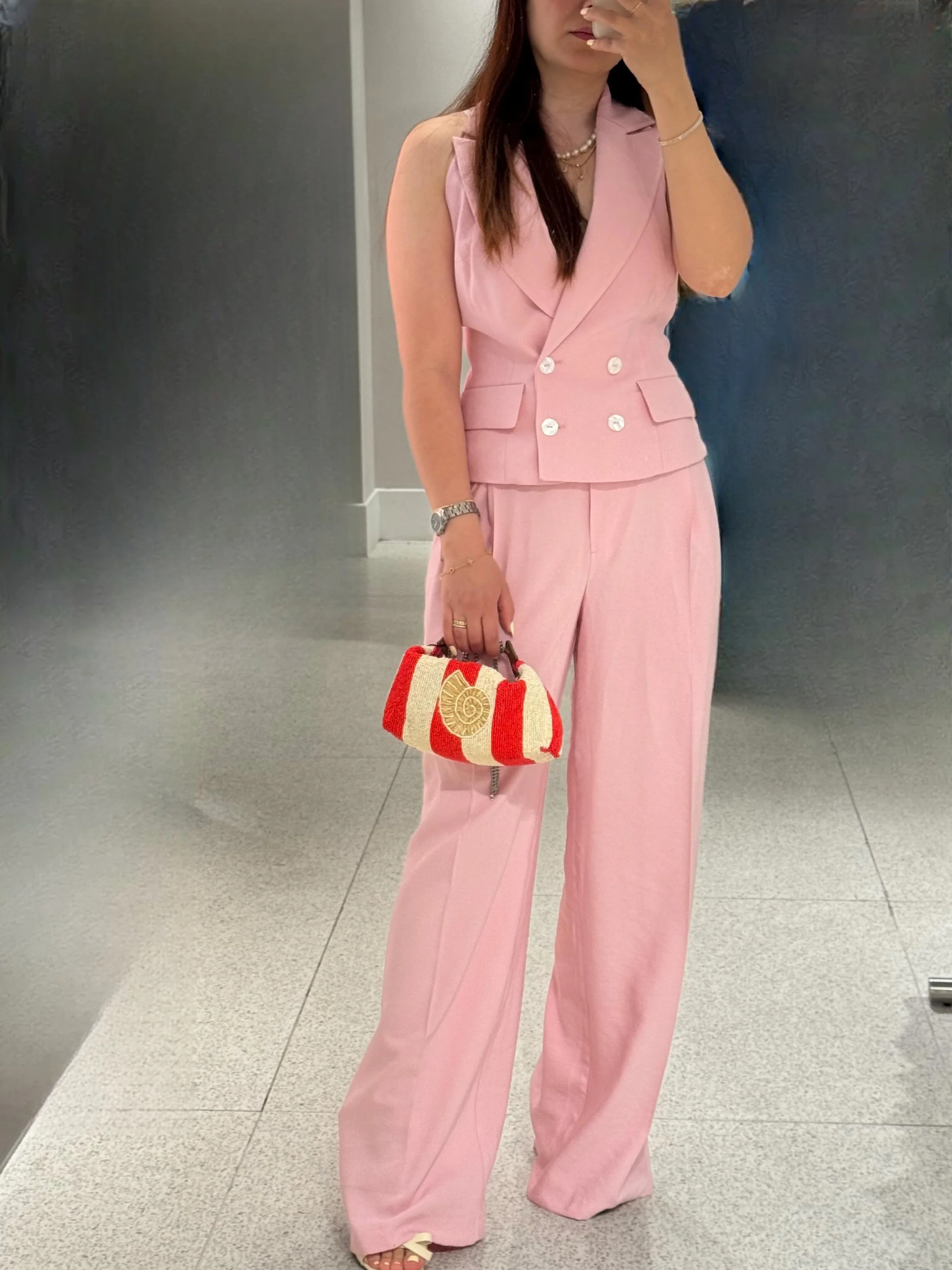 

Women's Commuter Fashion Suit Pink V-neck Sleeveless Backless Double-breasted Short Top High Waist Pocket Zipper Loose Pants
