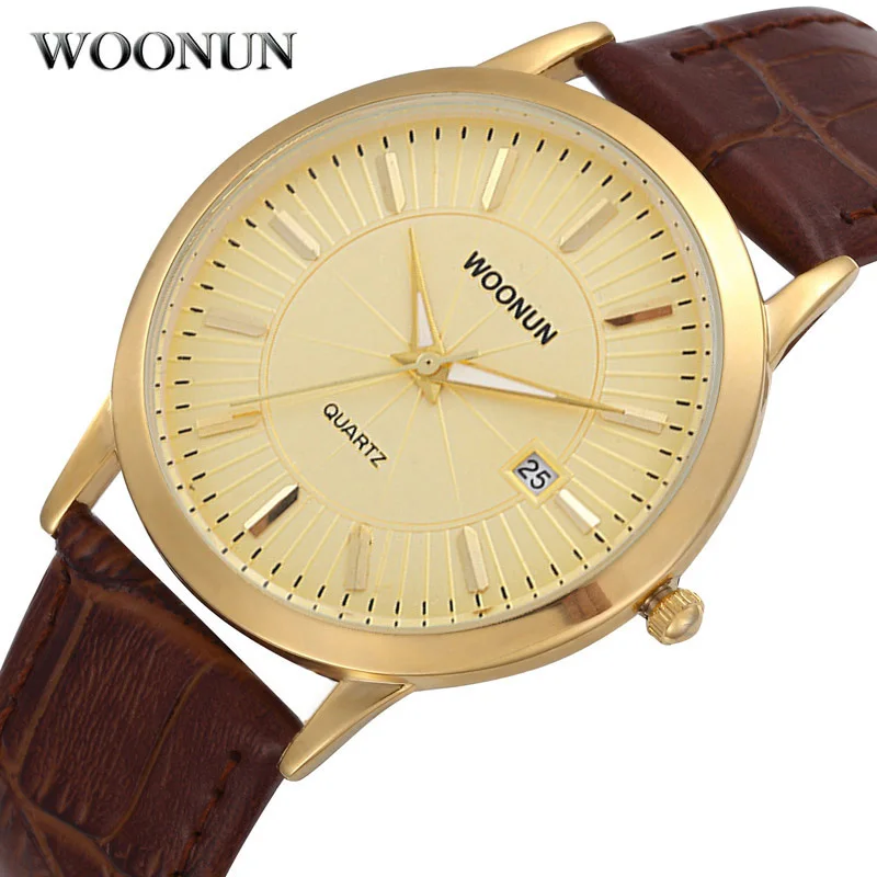 

2022 Fashion Casual Business Watch Men Gold Watches Brown Leather Band Auto Date Quartz Wristwatches Ultra Thin Mens Watches