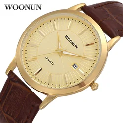 2022 Fashion Casual Business Watch Men Gold Watches Brown Leather Band Auto Date Quartz Wristwatches Ultra Thin Mens Watches