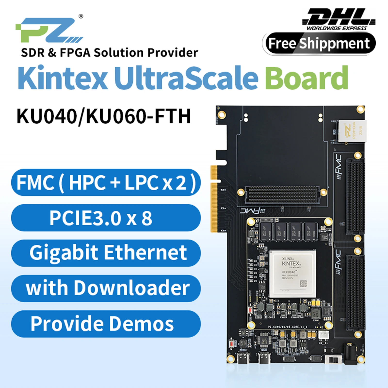 Puzhi KU040 KU060-FHT Плата разработки FPGA Xilinx Kintex UltraScale XCKU040 XCKU060 Оценочный комплект FMC PCIE