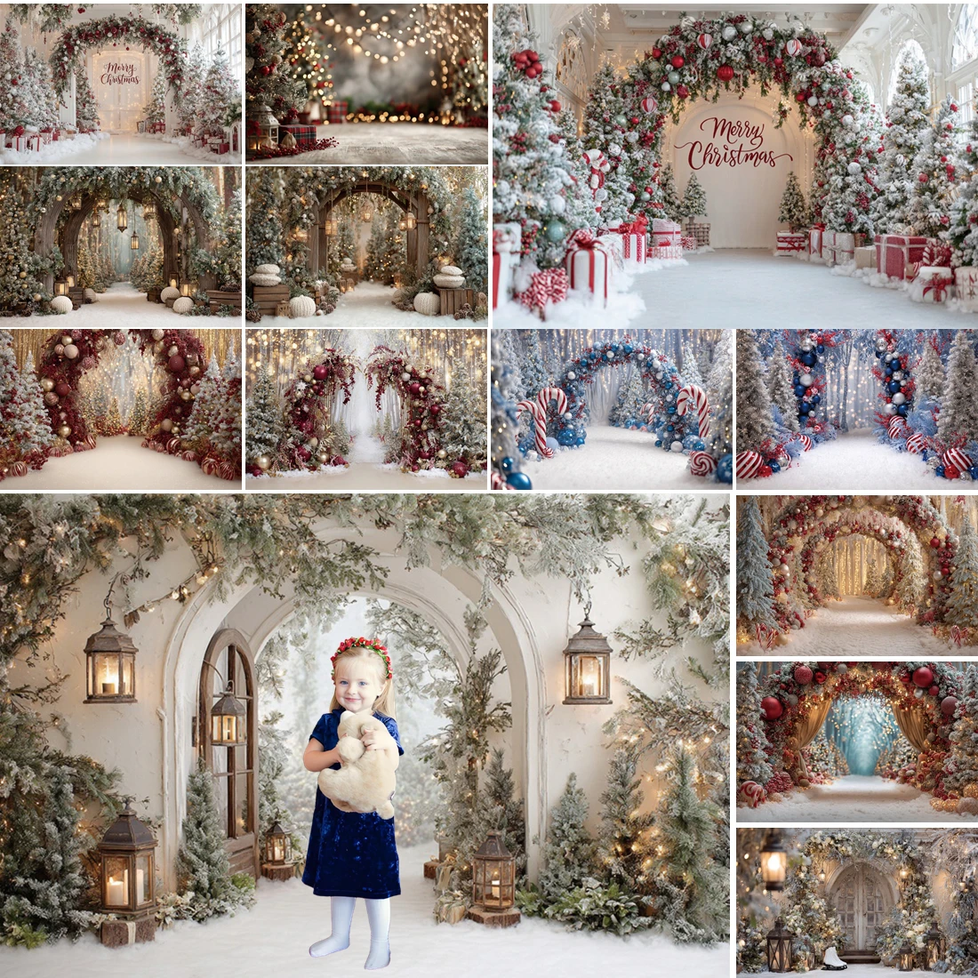 

MOON.QG Christmas New Year Backdrop Gifts Pine Arch Xmas Trees Photo Background Wallpaper Props Studio Party Decoration Poster