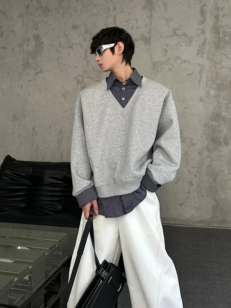 

American Retro Spliced Long Sve Hoodie Men's Spring Trendy High-End Feeling Cleanfit Top Loose Fit Casual V-ne T-irt