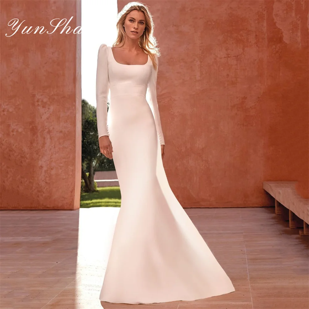 Yunshang Elegant Mermaid Wedding Dress Women Square Collar Open Back Long Sleeve Simple Bridal Gown Sweep Train Vestido De Novia