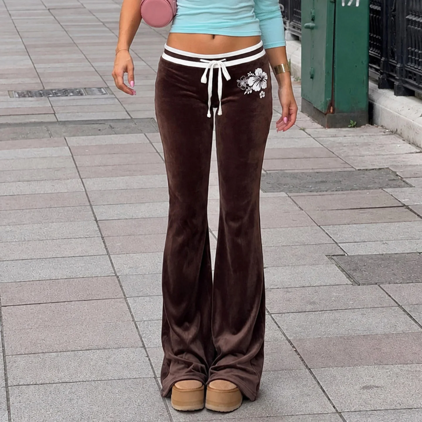 Women Velvet Flare Pants Hibiscus Floral Print Drawstring Low Waist Bell‑Bottom Trousers Vintage Streetwear Casual Sweat Pants