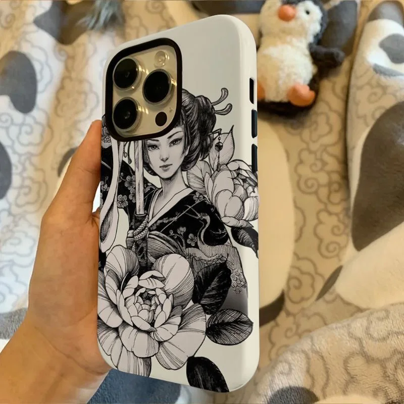 حافظة هاتف نسائية على الطراز الياباني كيمونو مع سيف وزهور لهاتف آيفون 17 16 15 14 11 12 13 Pro Max Air Plus غطاء خلفي