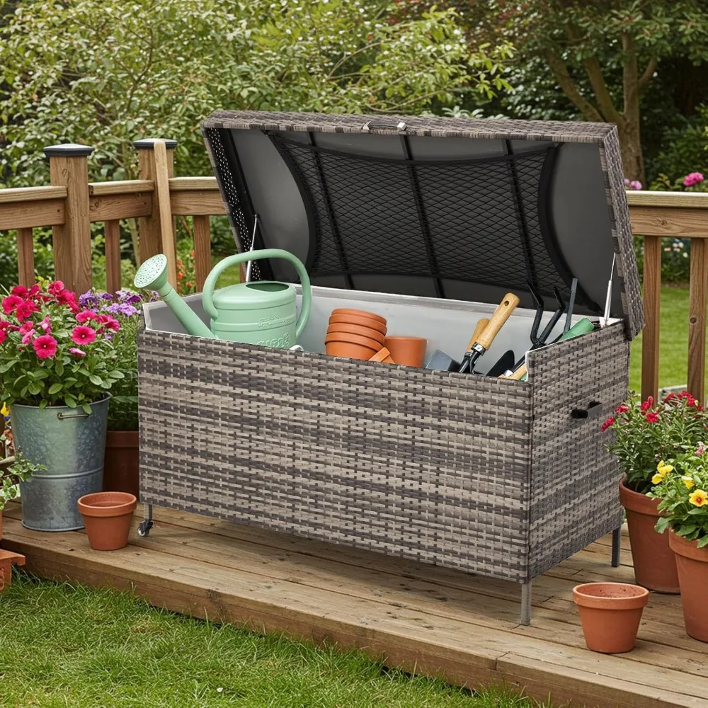 

240 Gallon Wicker Deck Box, Outdoor Storage Box with Portable Wheels and Handles, Waterproof Patio Rattan Container for Garden