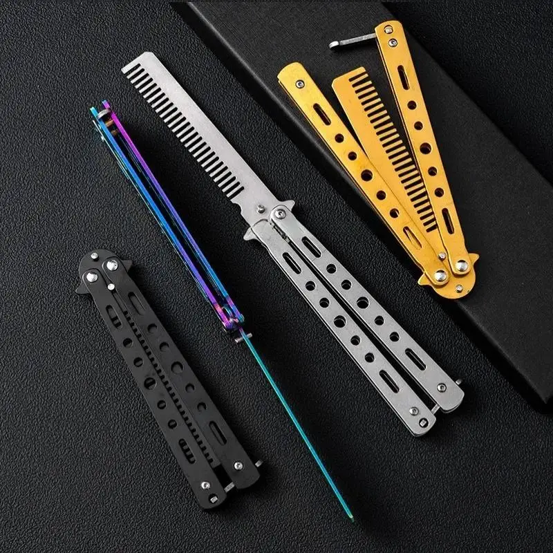 (BF06)1Pc Stainless Steel Practice Training Butterfly Knife Foldable Comb Beard Moustache Brush Salon Hairdressing Styling Tool