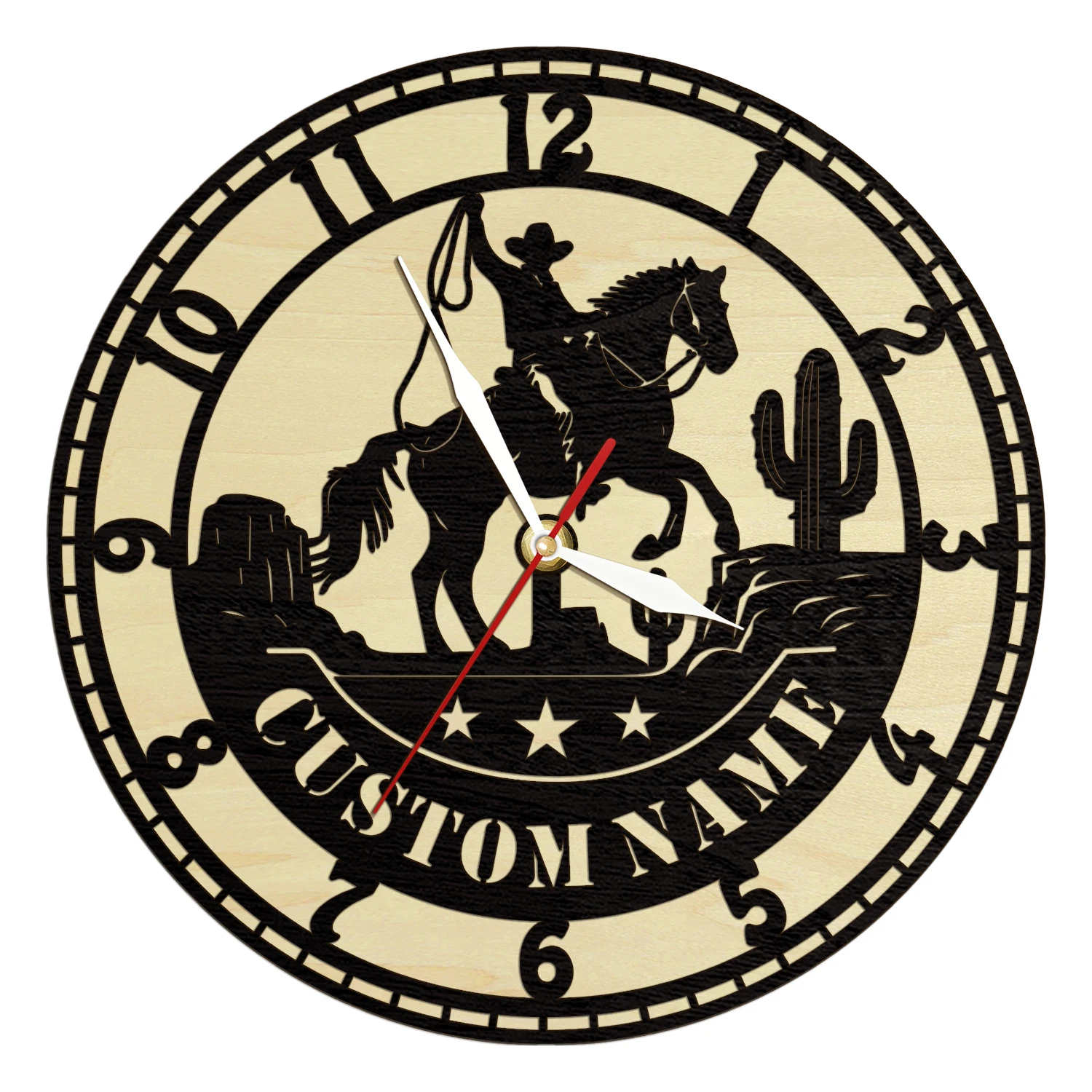 

Custom Cowboy Wooden Wall Clock Cactus Western Home Decor Personalized Cowboy Name Horse Riding Wood Living Hinge Wall Clock