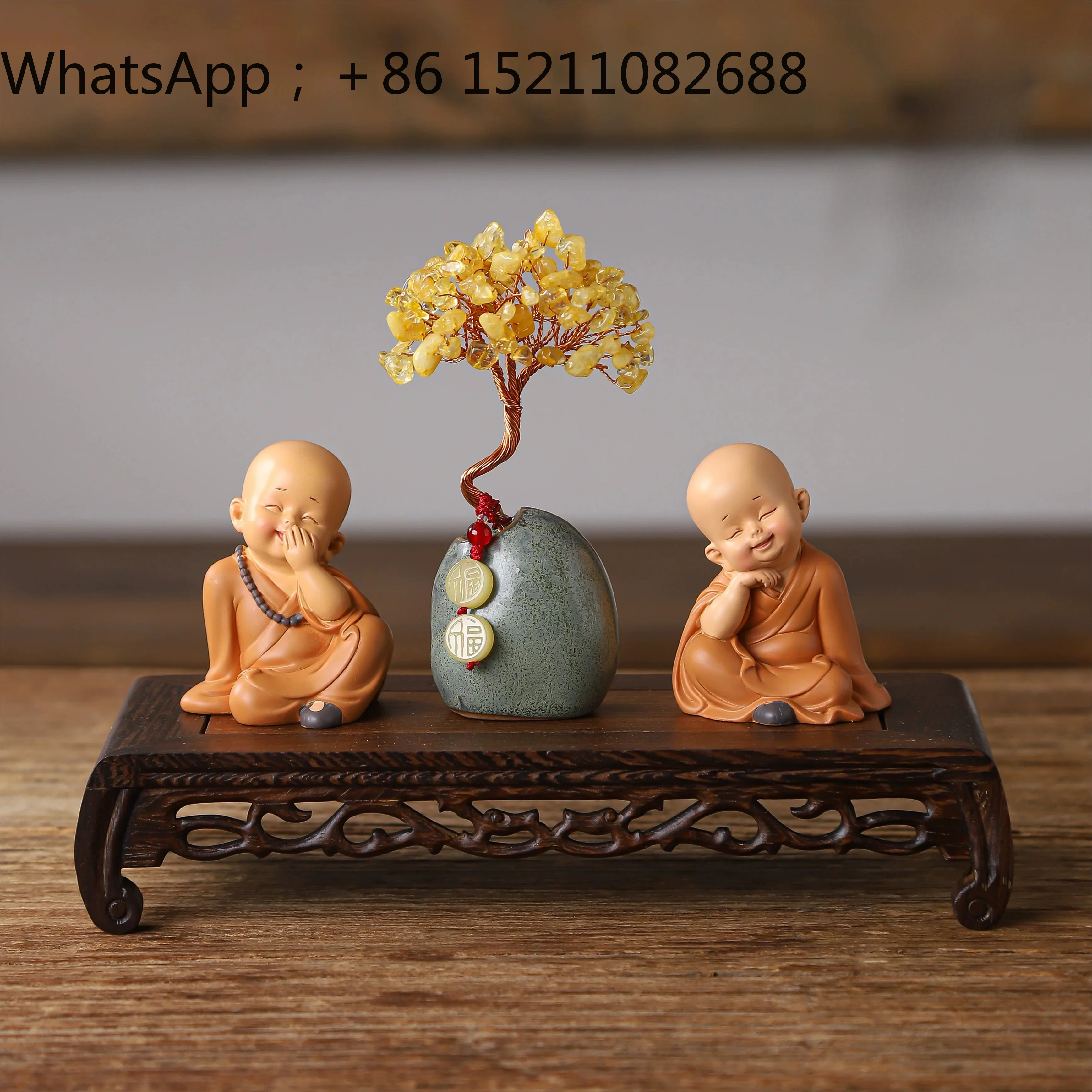 LLY citrine fortune tree Chinese zen small monk tea table healing ornament retro tea pet office car desktop