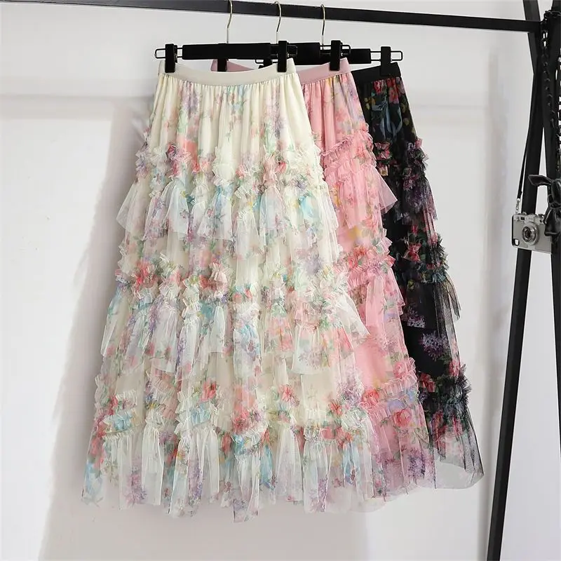 plus Size Spring Summer Floral Cake Skirt Uneven Net Heavy Embroidery Women's High Waist Midi Skirt Korean Style Polyester Fiber