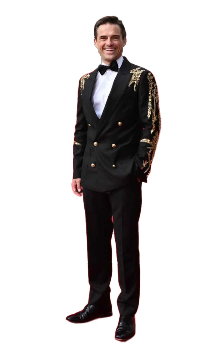 Classic Men Suits 2 Pieces Peaked Lapel Double Breasted Appliques Wedding Groom Tuxedos Party Prom Male Suit Customized