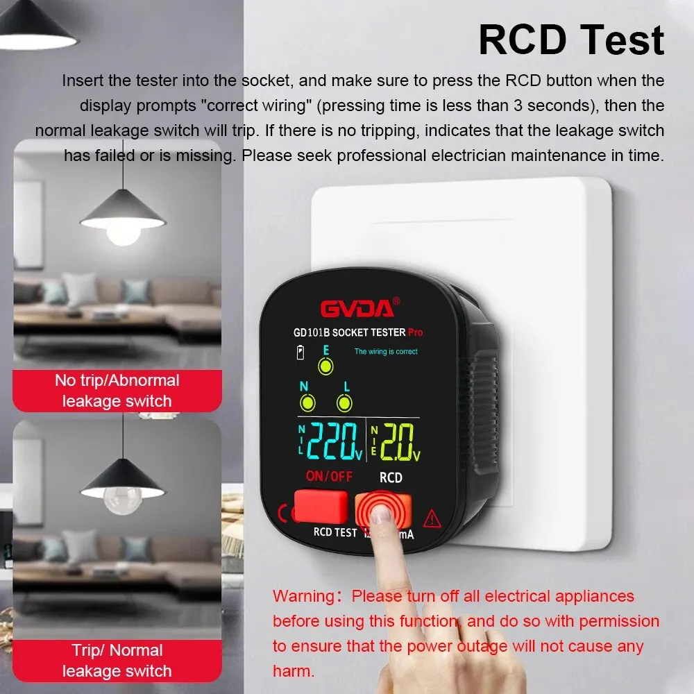 GVDA Socket Tester Pro Voltage Test Digital Outlet Socket Detecter EU Plug Ground Zero Line Plug Polarity Phase Checking GD101B