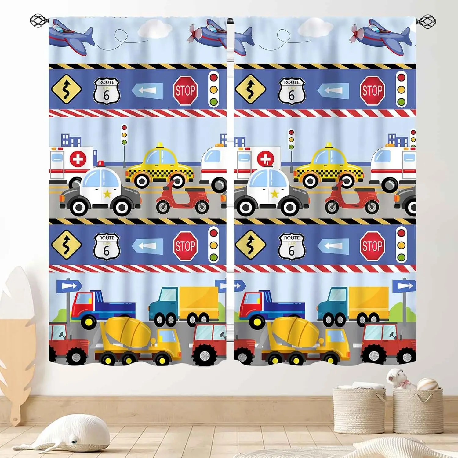 Kids Truck Curtains for Boys Room, Colorful Construction Car Tractor Bulldozer City Traffic Transportation Vehicles Airplane