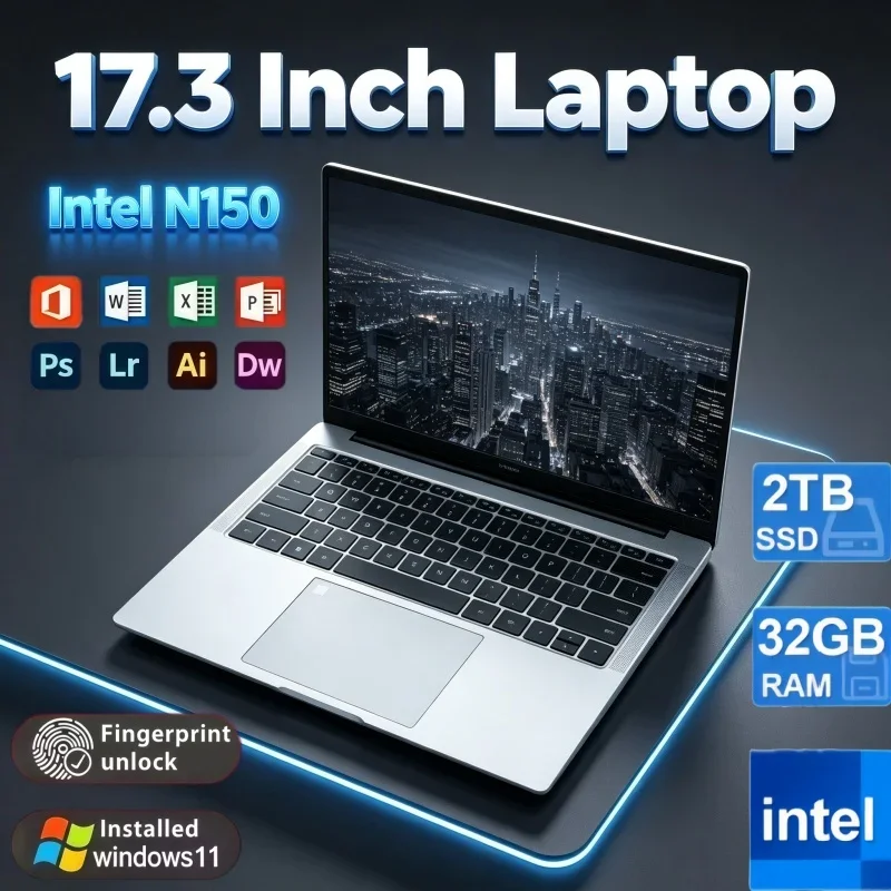 17.3 Inch Large Screen Gaming Laptop Intel N150 Processor 32GB RAM 2TB SSD 4K Resolution WiFi6 Fingerprint Unlock For Work Game