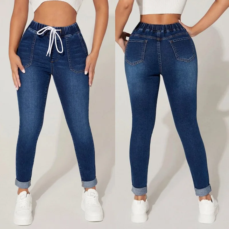 Jeans feminino com cintura com cordão, calça lápis elástico de cintura alta