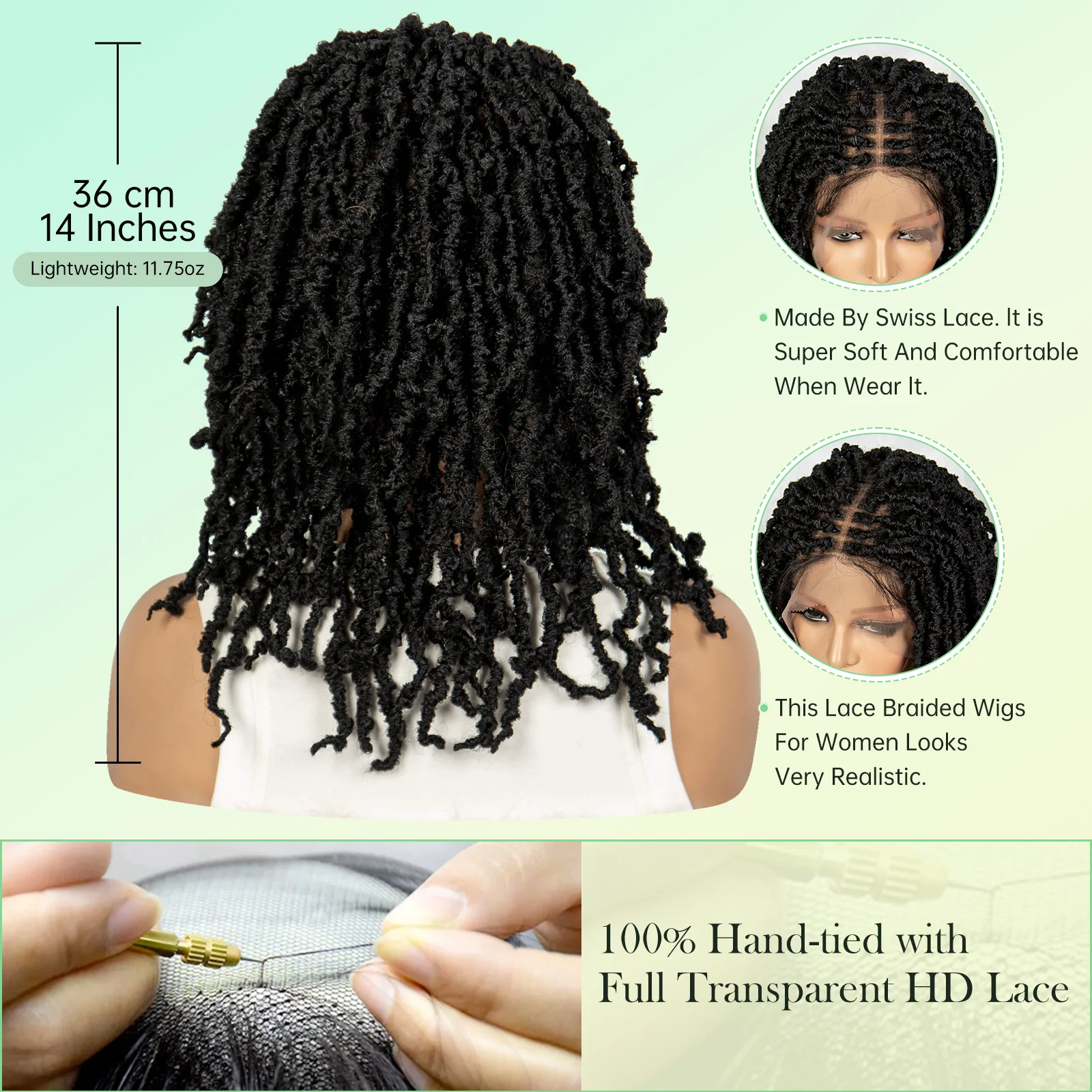 14 "Dreadlock Braided Wigs สังเคราะห์ลูกไม้ Loc ถักวิกผมลูกไม้ธรรมชาติ Knotless กล่องลูกไม้ด้านหน้า Braids วิกผมสําหรับผู้หญิง